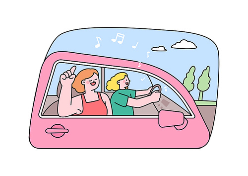 두 친구가 노래를 부르며 신나게 자동차 여행을 하고 있다.