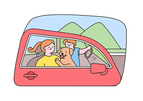 강아지와 커플이 자동차 여행을 하고 있다.