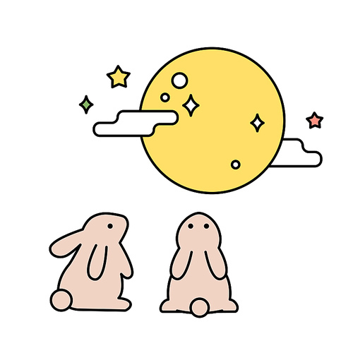 귀여운 토끼 두마리가 보름달을 보고있다.