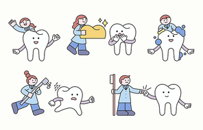 귀여운 치아 캐릭터와 치과의사 캐릭터