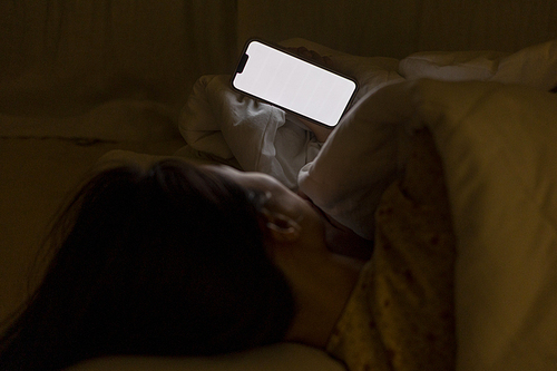 침대에 누워 이불 속에서 스마트폰을 들고 있는 여자