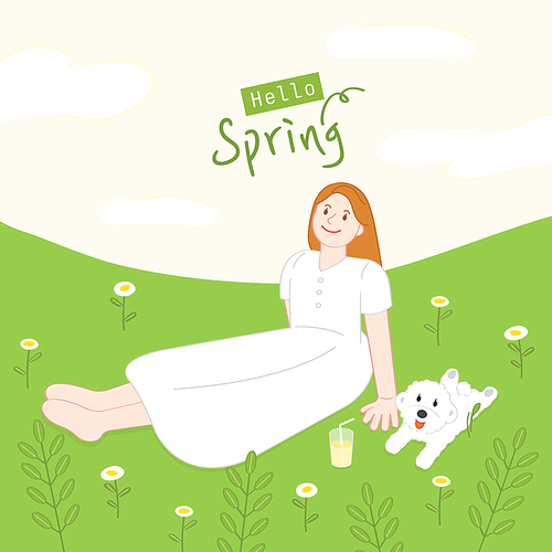 봄에 잔디밭에서 휴식하는 여자와 강아지