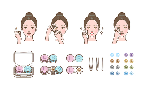 콘택트 렌즈, 컬러 렌즈를 끼는 여자 캐릭터