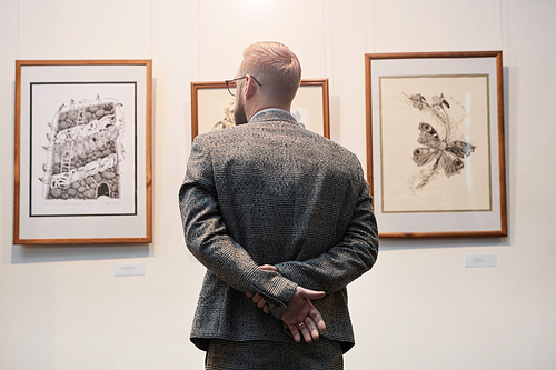 Rear view of man in suit standing in front of the wall with paintings and enjoying the art at gallery