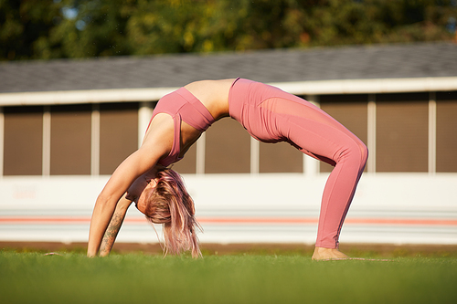 Young flexible woman in pink clothing doing stretching exercise on green grass in the park