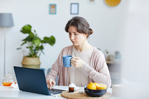 Serious young woman concentrating on her work she sitting at the table with cup of coffee and working on laptop computer at home