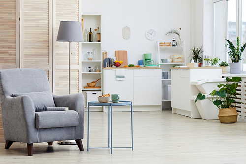 Image of modern armchair standing in the living room with white kitchen in the background at the house