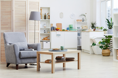 Image of modern living room with armchair at house with modern kitchen in the background