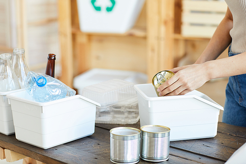 Close-up of woman sorting the cans into the small boxes she recycling the waste