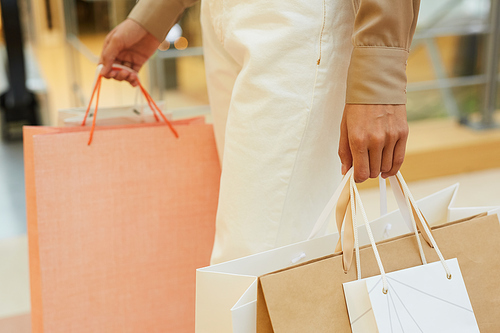 Close-up of young woman carrying paper bags she doing shopping in the shopping mall