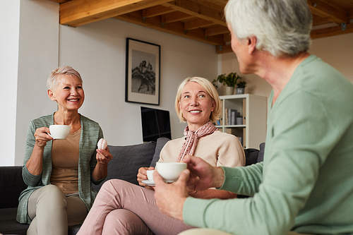 Two smiling senior women drinking tea and talking to man while sitting on sofa in the living room