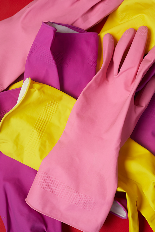 Close-up of colorful rubber gloves for cleaning and housework