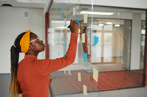 African woman making notes on adhesive notes on the glass wall she planning her working day