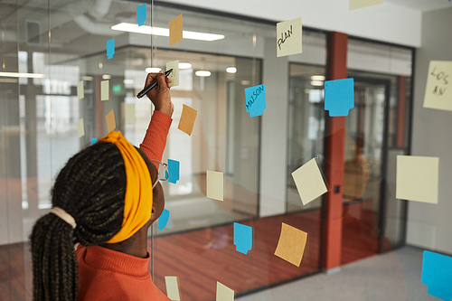 Rear view of African woman with beautiful hairstyle writing her ideas on adhesive notes on the glass wall at office