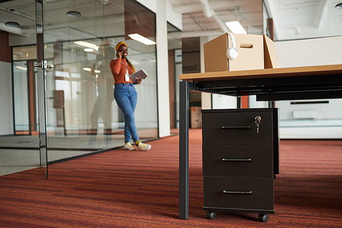 Image of new modern office with businesswoman talking on the phone in the background