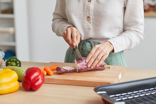 Close-up of woman cutting vegetables on cutting board at the kitchen table at home