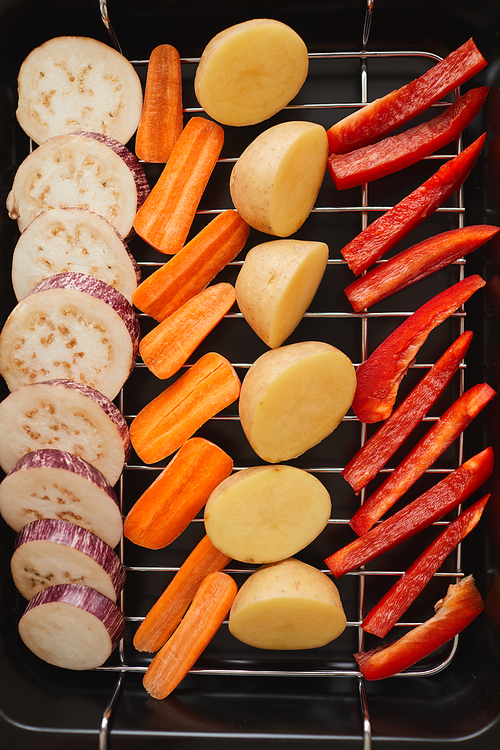 High angle view of fresh vegetables on the grill