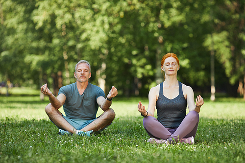 Peaceful mature couple concentrated on mind during meditation sitting with crossed legs in beautiful park