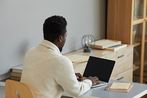 Rear view of African businessman sitting at his workplace typing on laptop at office