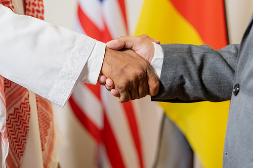 Handshake of intercultural political partners or foreign delegates against flags at conference or summit