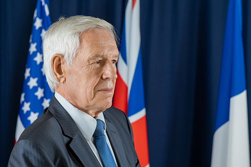 Aged grey-haired delegate in formalwear standing in front of camera against flags of three countries included in g7