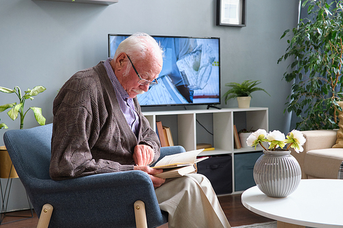 Elderly man in eyeglasses sitting in armchair and reading a book during his rest in the living room at home