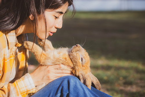 relationships of cheerful rabbit and happy young human girl, Asian woman holding and carrying cute rabbit with tenderness and love. Friendship with cute easter bunny. Happy of Easter's Day