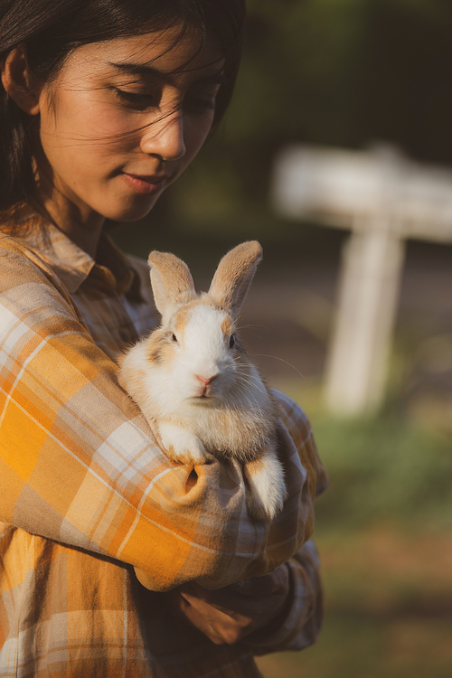 relationships of cheerful rabbit and happy young human girl, Asian woman holding and carrying cute rabbit with tenderness and love. Friendship with cute easter bunny. Happy of Easter's Day