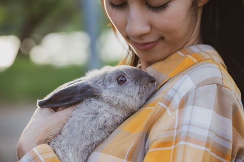 relationships of cheerful rabbit and happy young human girl, Asian woman holding and carrying cute rabbit with tenderness and love. Friendship with cute easter bunny. Happy of Easter's Day