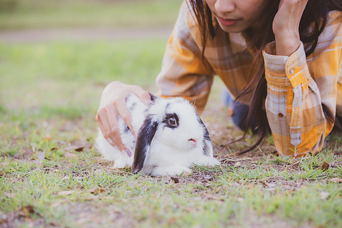 relationships of cheerful rabbit and happy young human girl, domestic friendship family of little cute easter pet and friends person having smile and fun, animal love and care at home concept