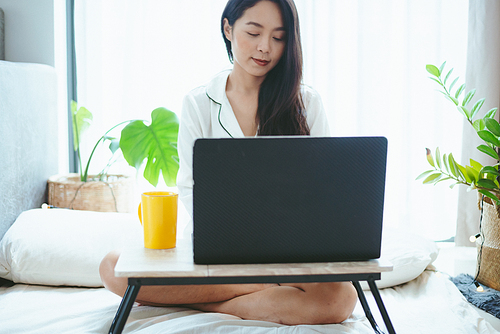 young Asian woman freelance working business work on laptop at home, working from home concept