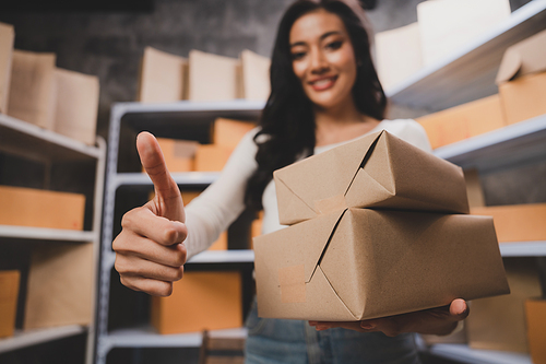 Smiling and successful young female Asian warehouse manager and worker working in storage house while checking package and parcel and placing in shelf and rack