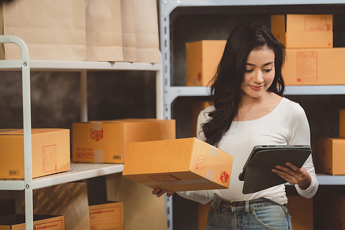 Smiling and successful young female Asian warehouse manager and worker working in storage house while checking package and parcel and placing in shelf and rack