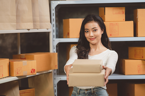 Smiling and successful young female Asian warehouse manager and worker working in storage house while checking package and parcel and placing in shelf and rack