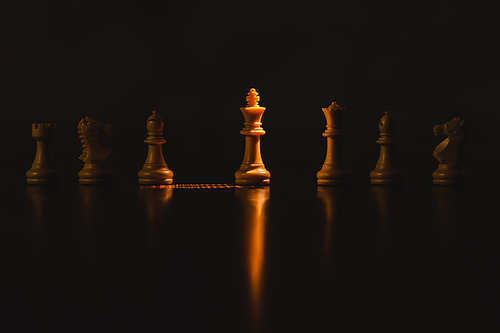 King chess pieces stand highlight leader with team concepts of challenge or business teamwork, success wining and leadership of business strategic plan and risk management or team work player