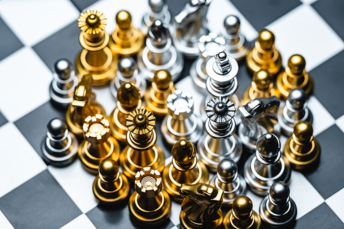 King chess to challenge battle fighting on chess board teamwork of leadership and business success strategy or human personal organization risk management, strategic decision and move concept