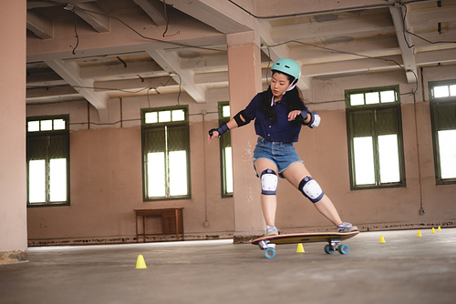 young Asian girl lifestyle, woman having fun with skate sport, skateboard fashion style