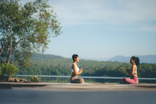 beautiful female healthy lifestyle, young sport girl woman person exercise with outdoor yoga of morn nature summer sunrise or sunset, fitness to peace relax meditation of body balance training pose