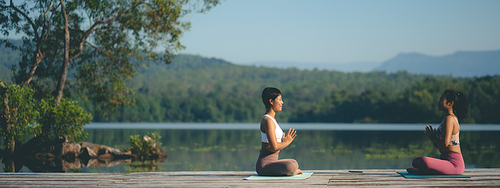 beautiful female healthy lifestyle, young sport girl woman person exercise with outdoor yoga of morn nature summer sunrise or sunset, fitness to peace relax meditation of body balance training pose