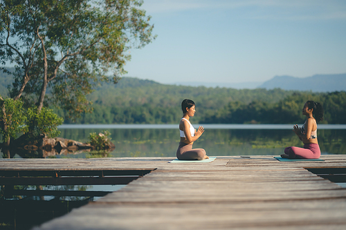 beautiful female healthy lifestyle, young sport girl woman person exercise with outdoor yoga of morn nature summer sunrise or sunset, fitness to peace relax meditation of body balance training pose