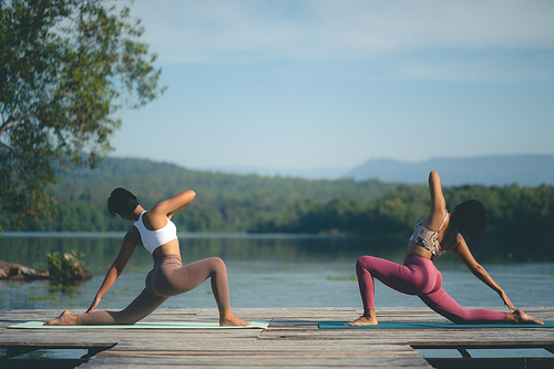 beautiful female healthy lifestyle, young sport girl woman person exercise with outdoor yoga of morn nature summer sunrise or sunset, fitness to peace relax meditation of body balance training pose