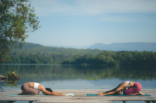 beautiful female healthy lifestyle, young sport girl woman person exercise with outdoor yoga of morn nature summer sunrise or sunset, fitness to peace relax meditation of body balance training pose