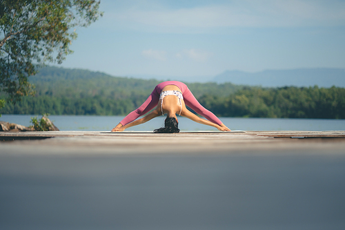 beautiful female healthy lifestyle, young sport girl woman person exercise with outdoor yoga of morn nature summer sunrise or sunset, fitness to peace relax meditation of body balance training pose