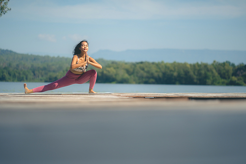 beautiful female healthy lifestyle, young sport girl woman person exercise with outdoor yoga of morn nature summer sunrise or sunset, fitness to peace relax meditation of body balance training pose