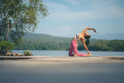 beautiful female healthy lifestyle, young sport girl woman person exercise with outdoor yoga of morn nature summer sunrise or sunset, fitness to peace relax meditation of body balance training pose