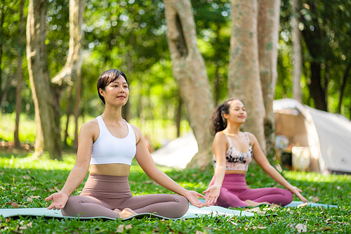 Fitness lifestyle and body healthy concept, Portrait of young Asian woman doing Yoga in the garden for a workout, Practicing exercise in the park outdoor with happy relaxation in vacation time