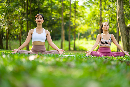 Fitness lifestyle and body healthy concept, Portrait of young Asian woman doing Yoga in the garden for a workout, Practicing exercise in the park outdoor with happy relaxation in vacation time