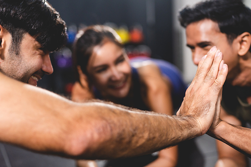 woman and man friends high fiving exercise while planking on a fitness gym floor, happy lifestyle to fit training together with teamwork for slim and healthy strength body by active sport