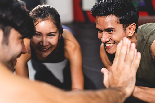 woman and man friends high fiving exercise while planking on a fitness gym floor, happy lifestyle to fit training together with teamwork for slim and healthy strength body by active sport