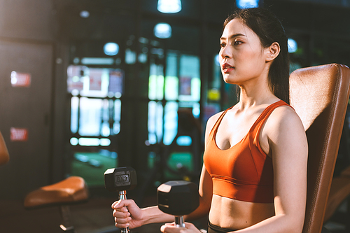 young Asian woman person exercise in fitness gym for building a beautiful slim body, healthy training of athletic female in sport lifestyle, attractive girl doing weight active wellness in happy